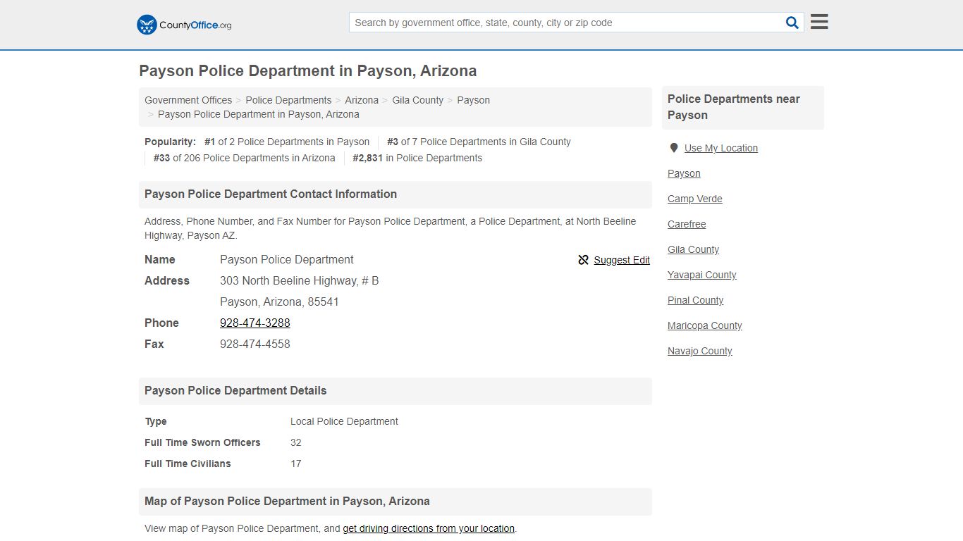 Payson Police Department - Payson, AZ (Address, Phone, and Fax)